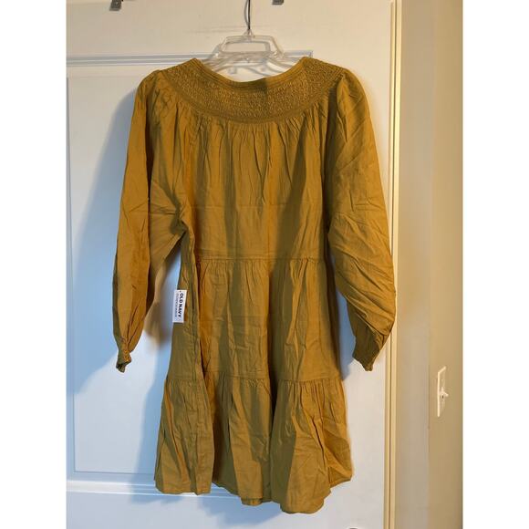 NWT Old Navy Short Gold Dress Smocking Long Sleeve Tiered Size Small - Picture 2 of 6